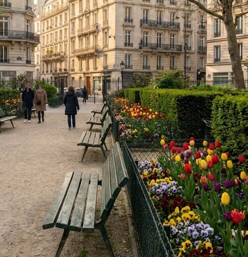 Massif de tulipes colorées entretenu par un paysagiste Art Parc à Paris 11