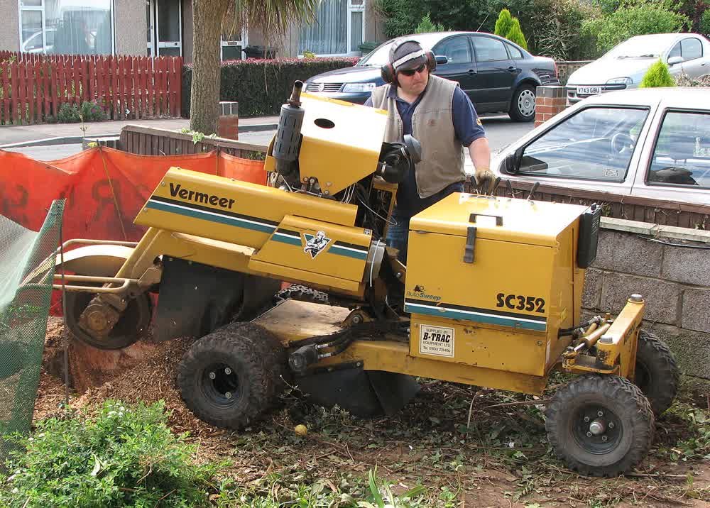 Rogneuse de souche en action, dessouchage mécanique dans un jardin
