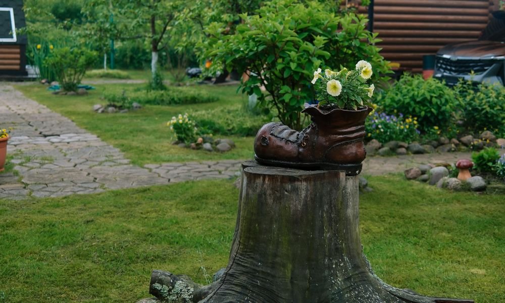 Souche d'arbre conservée et transformée en support de jardinière dans un jardin